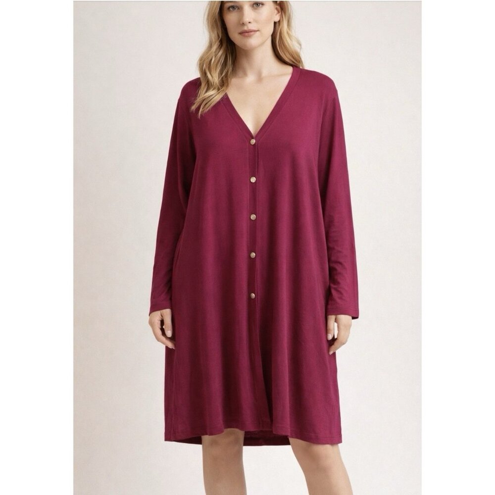 Susan Graver Cardigan Duster Dress XL Burgundy Knit Long Sleeve Button Up Tunic